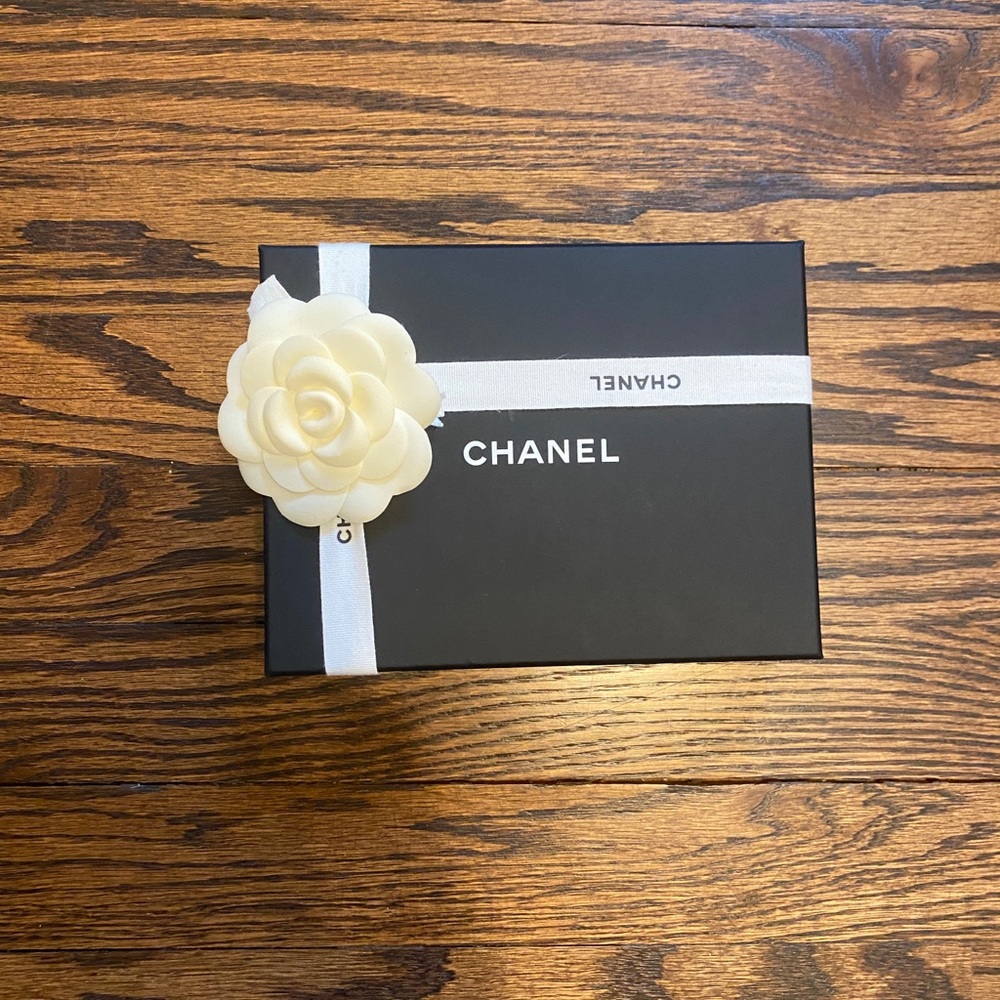CHANEL Black Gift Box with Cream Camellia and White Ribbon